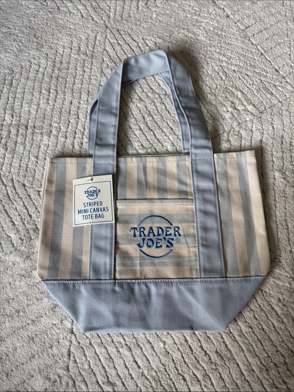 Limited Edition Trader Joe's Blue and Cream Striped Canvas Mini Tote Bag